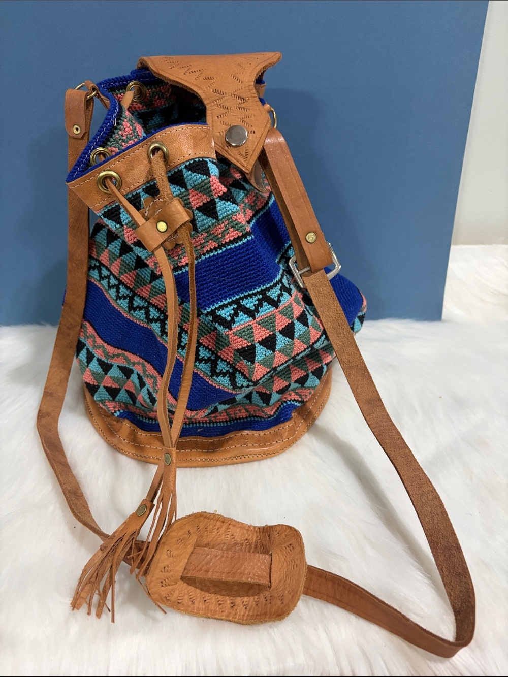 Boho Aztec Drawstring Bucket Bag with Brown Leather Trim - Blue/Multi